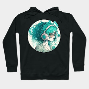 Teal haired woman headphones and glasses Hoodie